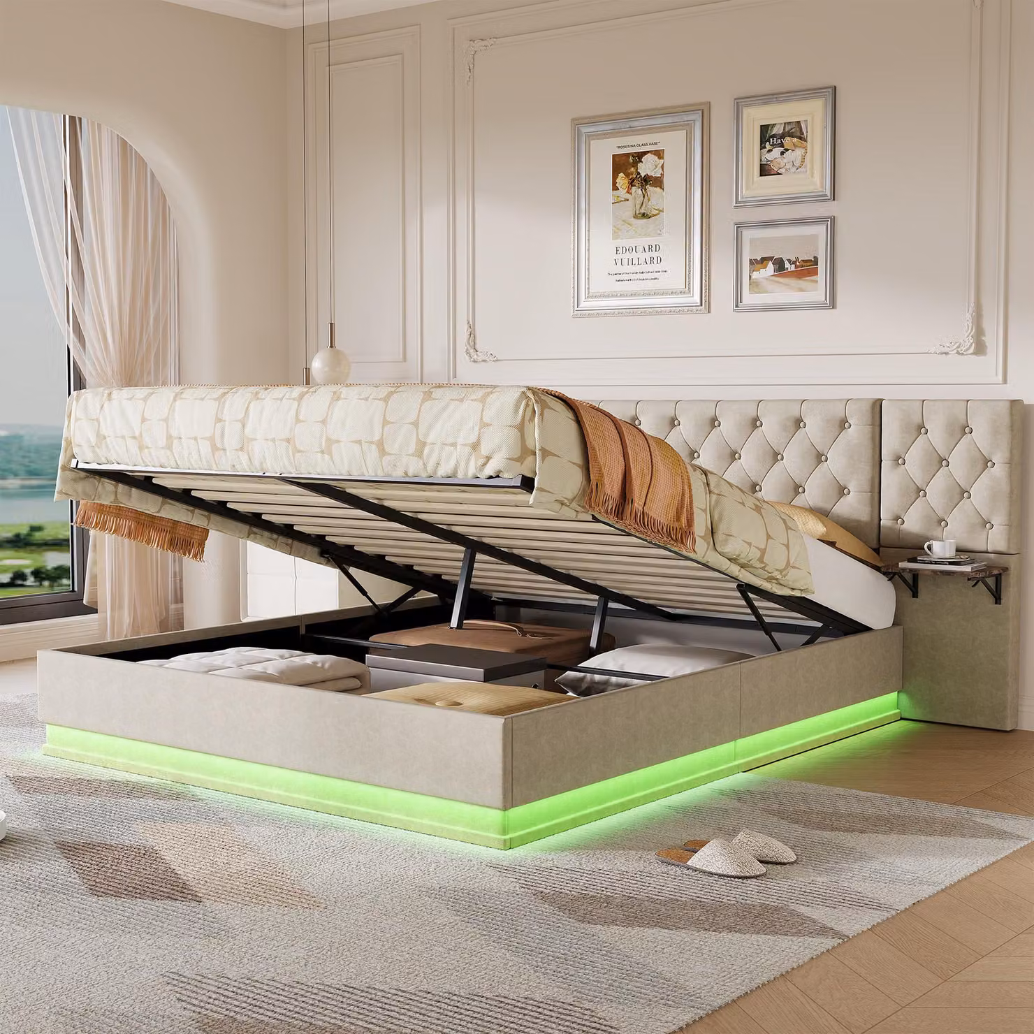 Letto imbottito REMZETTA, 160 x 200 cm, per adulti, con contenitore, rete a molle idraulica, luci LED RGB, porta USB-C, ricarica wireless e ripiani, color beige