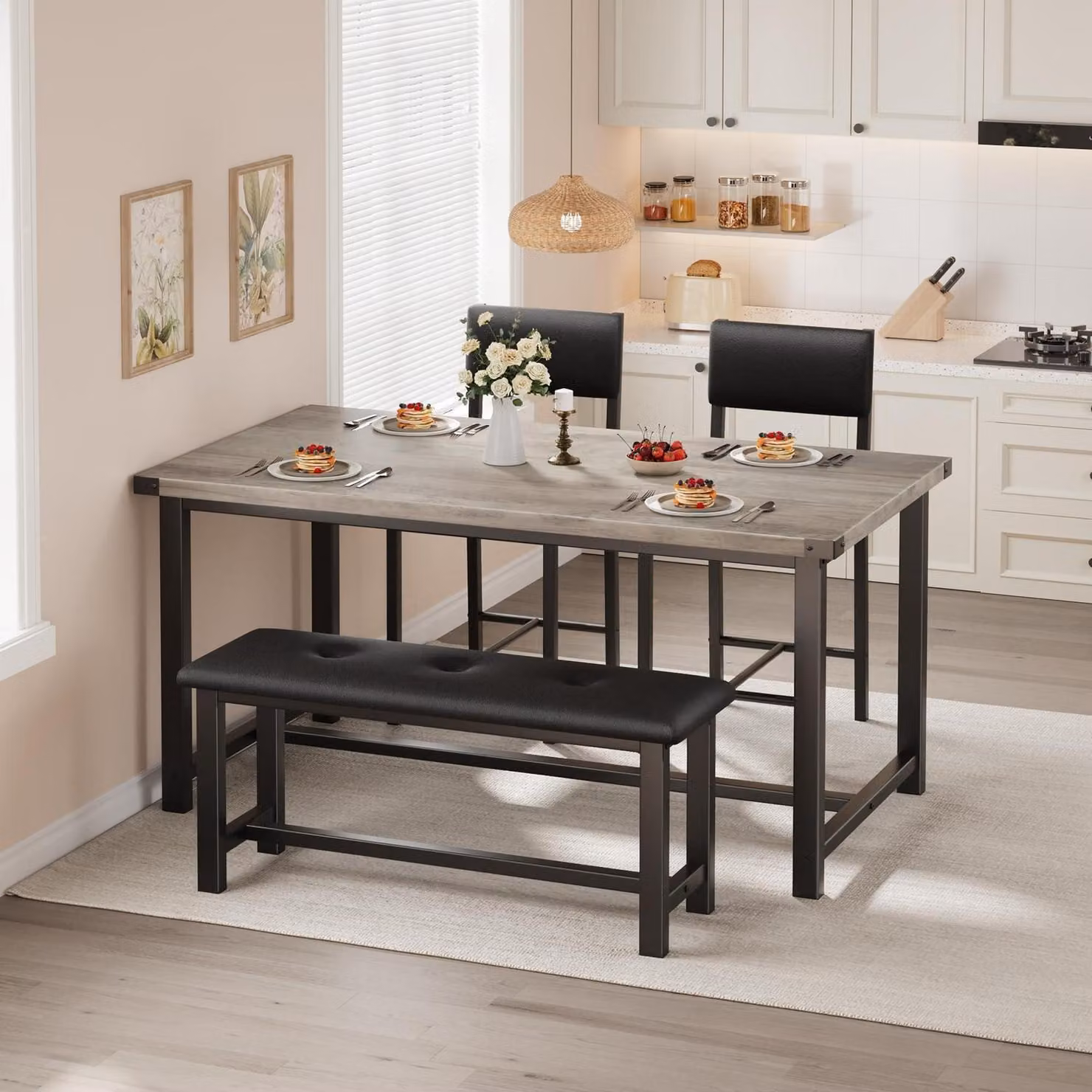 Set da pranzo composto da tavolo, 2 sedie e una panca, in stile rustico, colore grigio