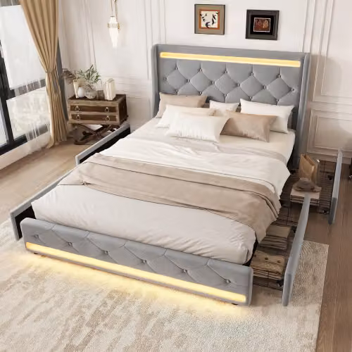 Letto piano AIORBER, letto imbottito, 140x200cm, letto con rete a doghe, illuminazione ambientale LED regolabile, 4 cassetti, velluto, per appartamenti, camere da letto, grigio