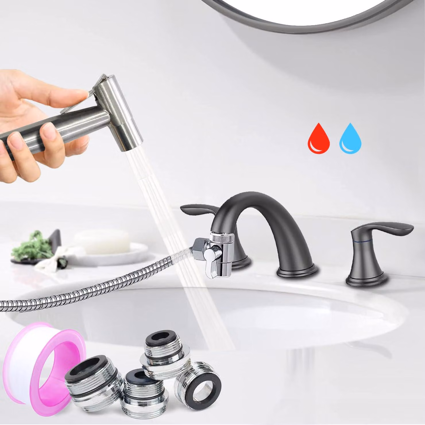 Set di accessori di alta qualità per lavello, tra cui rubinetto spazzolato, soffione manuale e adattatore per bidet