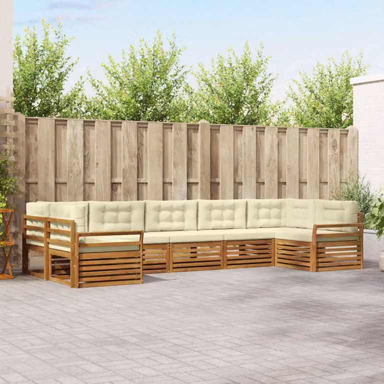 vidaXL Set di divani da esterno a L composto da 7 pezzi in legno di acacia con cuscini beige e bianco