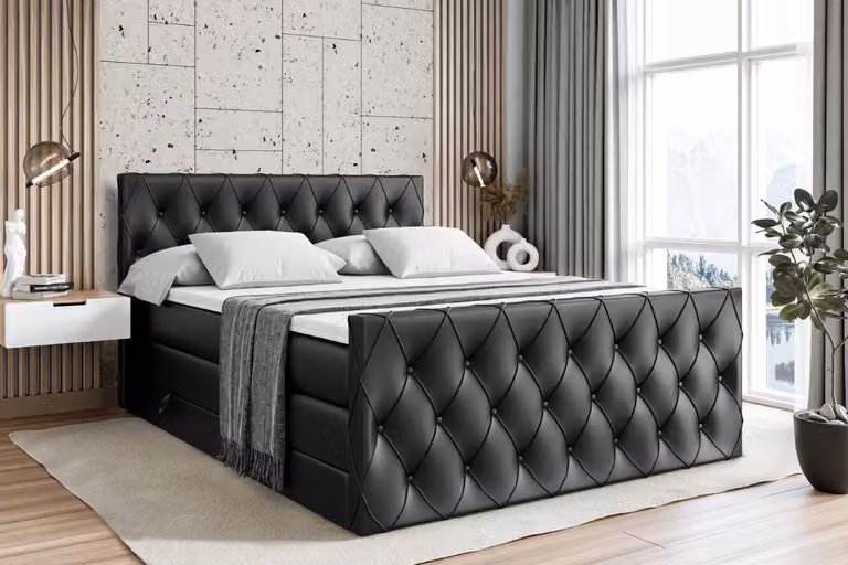 Letto boxspring ALTDECOR con materasso e rete a doghe - AMAY KING - 160x200 cm - Pelle finta nera - Topper, pediera, letto imbottito con contenitore, letto con vano portaoggetti H3 e H4 - Materasso, letto matrimoniale, letto boxspring