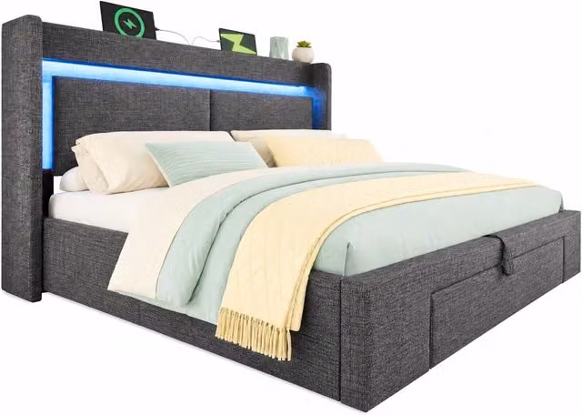 Letto matrimoniale 180x200 in lino grigio con contenitore idraulico， LED， USB-C， senza materasso