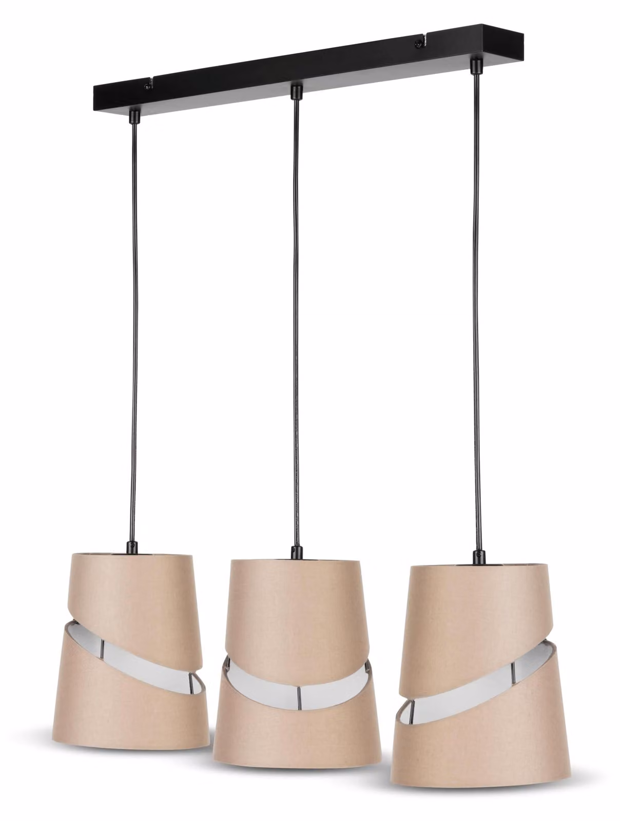 Lampada a sospensione con 3 paralumi in tessuto beige, attacco E27, diametro 16 cm