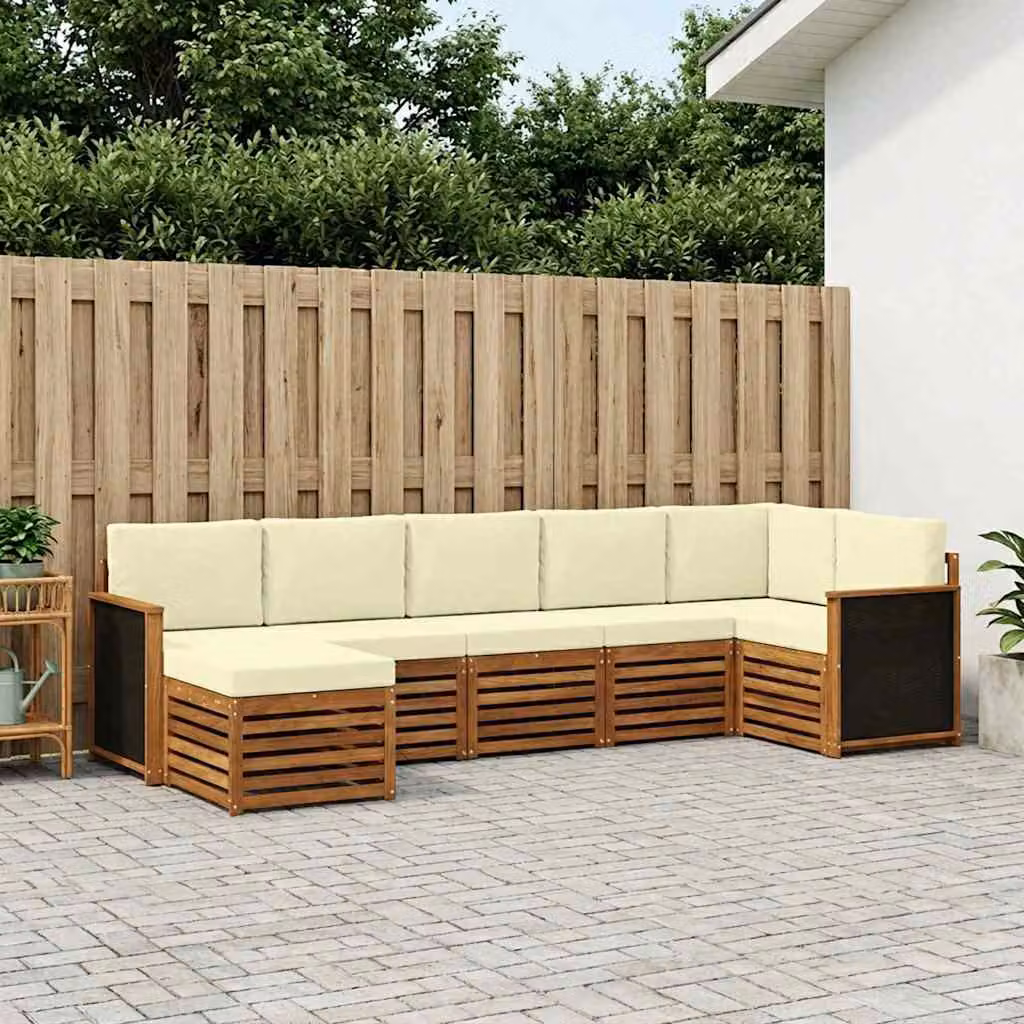 Set di divani da esterno vidaXL a forma di L composto da 6 pezzi in legno di acacia con cuscini beige e bianchi per giardino e terrazza