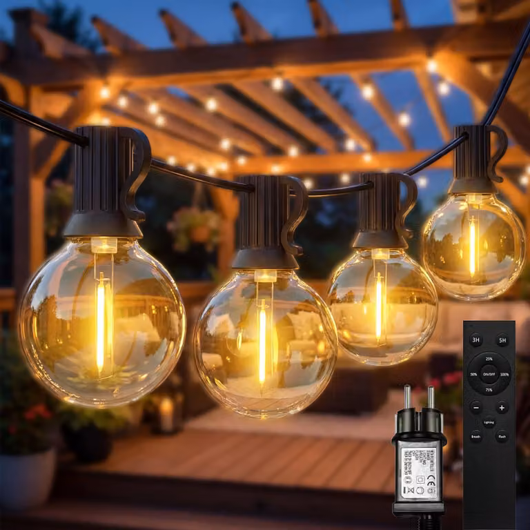 Catena luminosa a LED, 18 metri, con 40+3 lampadine G40, luce bianco caldo, grado di protezione IP44