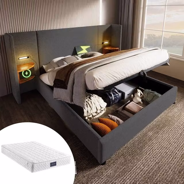 Letto matrimoniale con comodino - Xylo - 160x200 cm - Grigio - Lampada USB Type-C
