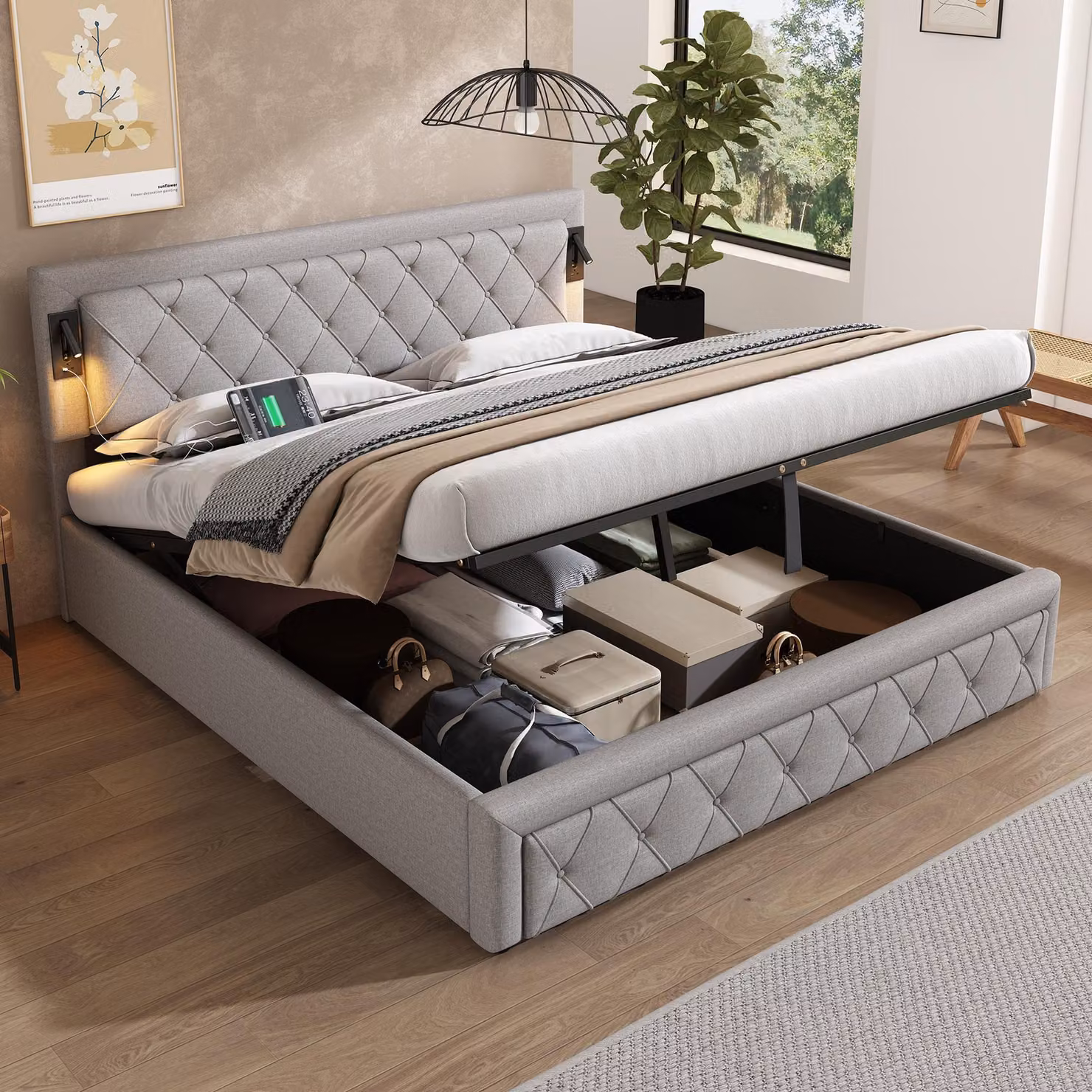 Letto imbottito idraulico Flieks 180x200cm con USB e Type-C, letto a molle insacchettate letto matrimoniale con luce, letto contenitore letto in legno letto per ragazzi, biancheria, grigio