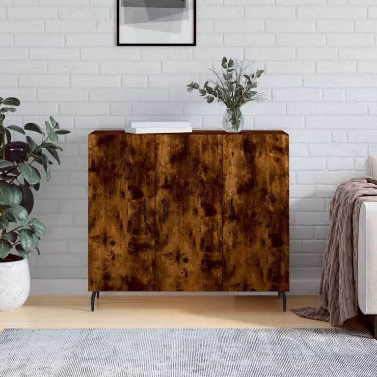 Credenza moderna vidaXL in legno multistrato color rovere fumo, L: 90 cm, P: 34 cm, H: 80 cm