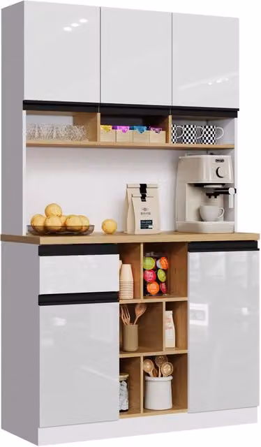 Credenza alta moderna in MDF bianco lucido per cucina e soggiorno con ripiani interni e ante a battente, L: 105 cm, P: 45 cm, H: 185 cm