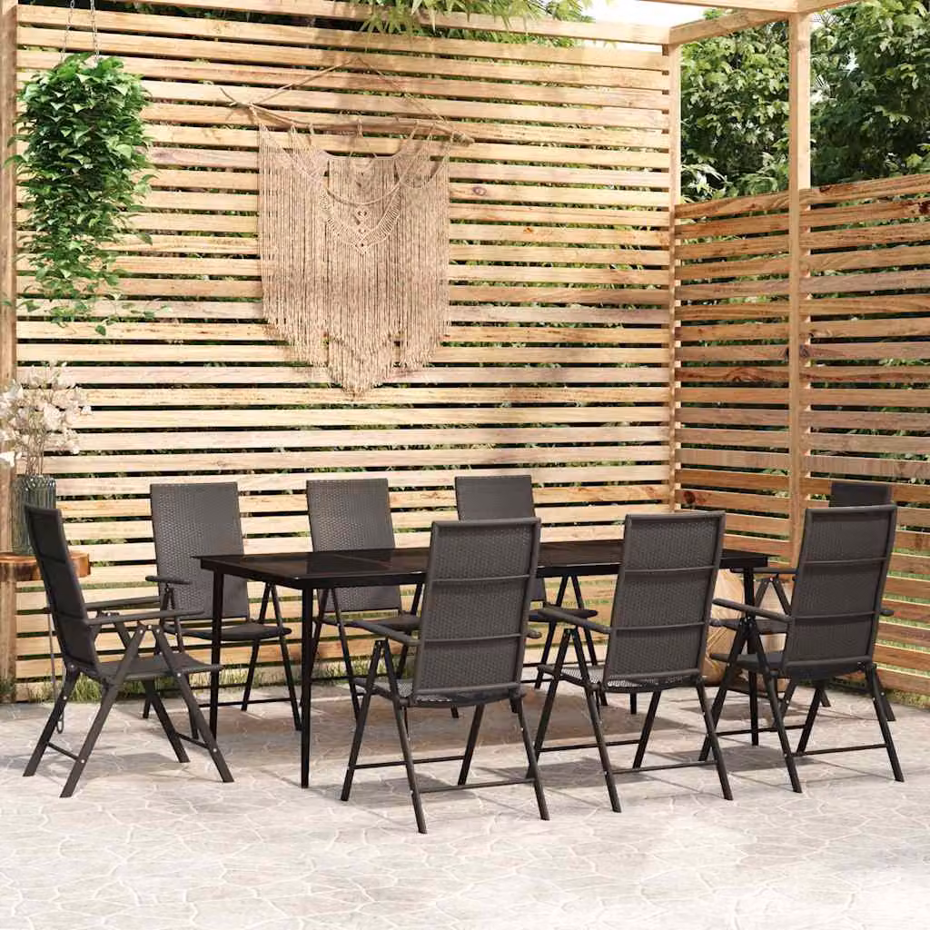 Set da pranzo per giardino vidaXL in metallo e vetro nero con 9 pezzi e cuscini