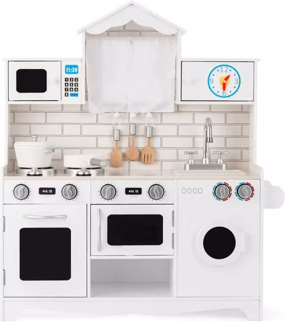 Cucina giocattolo per bambini con accessori e spazio di archiviazione in MDF bianco, L 78 cm x P 29 cm x H 93 cm