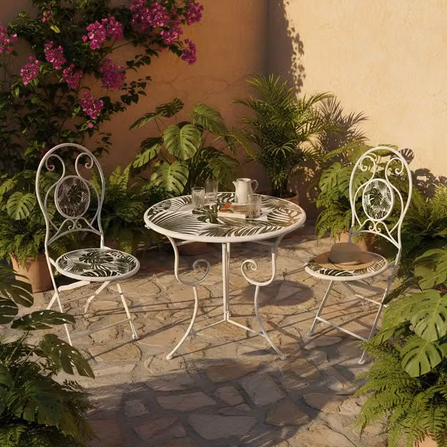 Set tavolo da giardino rotondo e 2 sedie in acciaio verniciato bianco con decoro floreale