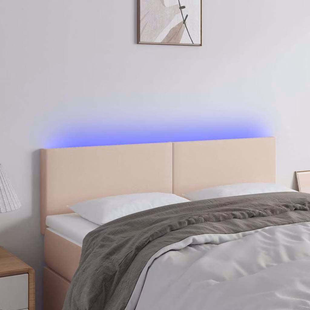 Testiera per letto vidaXL in similpelle beige con illuminazione LED e porta di ricarica USB, L 144 x P 5 x H 78/88 cm