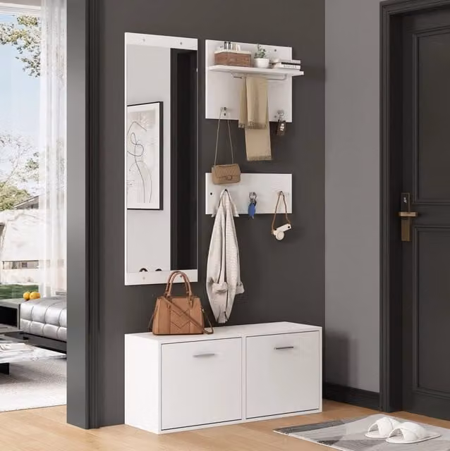 Set guardaroba bianco 4 pezzi con specchio, 2 appendiabiti, armadio scarpe 90x30x41,5 cm