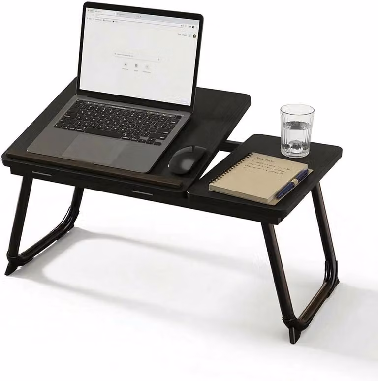 Tavolino pieghevole per laptop, adatto per letto e divano - Regolabile in altezza - Aspetto legno - Metallo - Nero - 23,5 x 56 x 33 cm