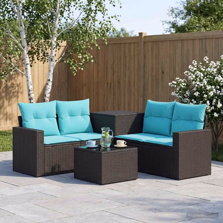 Set di divani da giardino vidaXL composto da 6 pezzi in rattan e acciaio nero e blu con cuscini inclusi