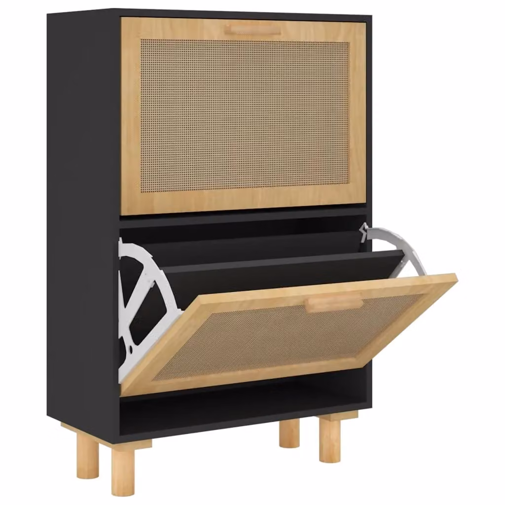 Scarpiera mobile contenitore in stile scandinavo con dettagli in rattan e legno, colore nero, ideale per ingresso, corridoio o soggiorno, L: 52 cm, P: 25 cm, H: 80 cm – 2