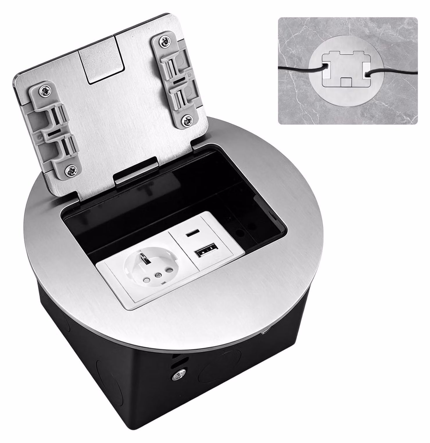 Prese a muro da incasso, 4000 W/16 A, design piatto, prese standard europee + porta USB-C, acciaio inossidabile