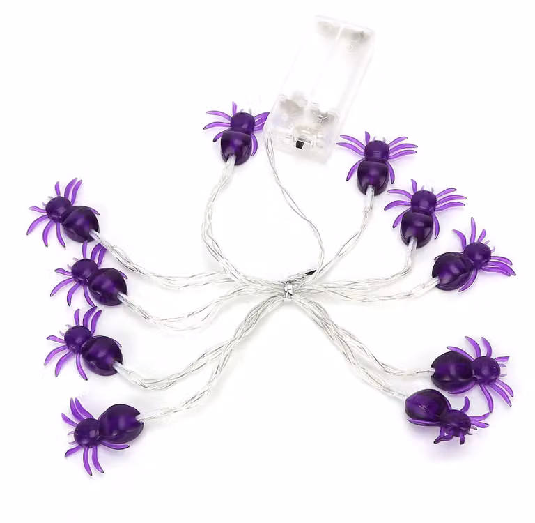 Catena luminosa a tema Halloween, con ragno viola, tecnologia LED, lunghezza 2 metri, 10 luci