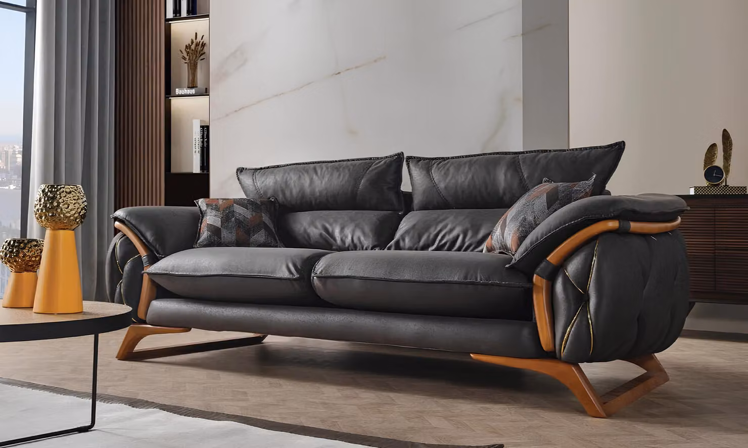 Schwarze Dreisitzcouch 3-Sitzer-Sofa Dreisitzgarnitur Dreisitzer Polstersofa