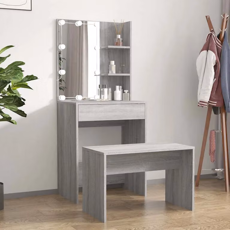 Set Tavolo da Toeletta con LED vidaXL, Grigio Sonoma, L: 140 cm, P: 40 cm, H: 60 cm