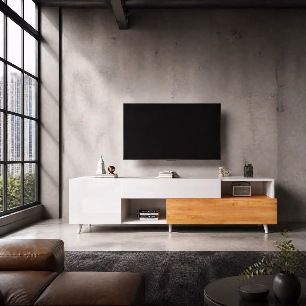 Mobile TV moderno MODFU bianco e legno naturale L/P/H: 180 x 38 x 50 cm – 2