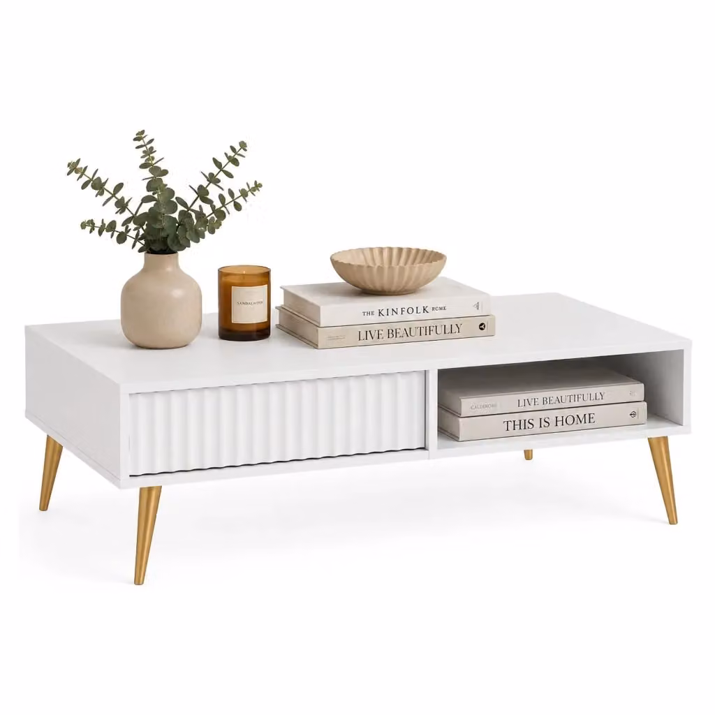 Tavolino da salotto DMORA Lipa bianco e oro, design moderno rettangolare L: 126 cm, P: 67 cm, H: 35 cm – 2