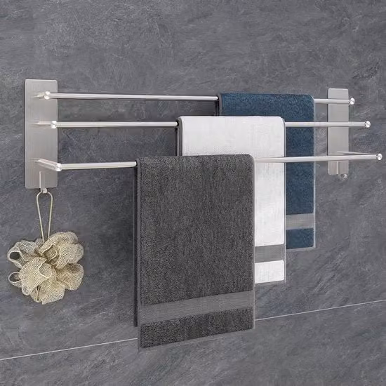 Sostegno per asciugamani 75 cm in acciaio inossidabile senza perforazione - Autoadesivo - 3 bracci - Incluso due ganci - Per cucina, bagno, camera