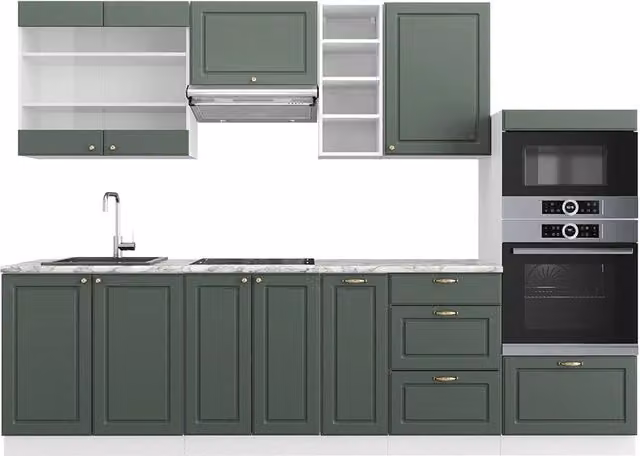 Cucina componibile Fame-Line Vicco in stile country house, colore verde-oro rustico e bianco, larghezza: 280 cm (senza piano di lavoro)