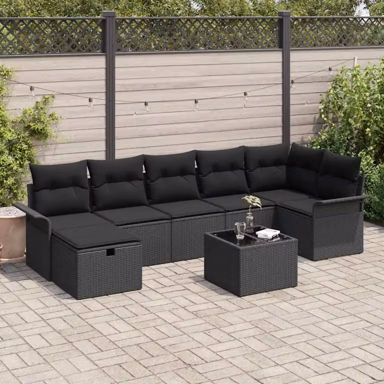 Set Divano da Giardino vidaXL 8 Pezzi in Polyrattan Nero con Cuscini e Tavolino