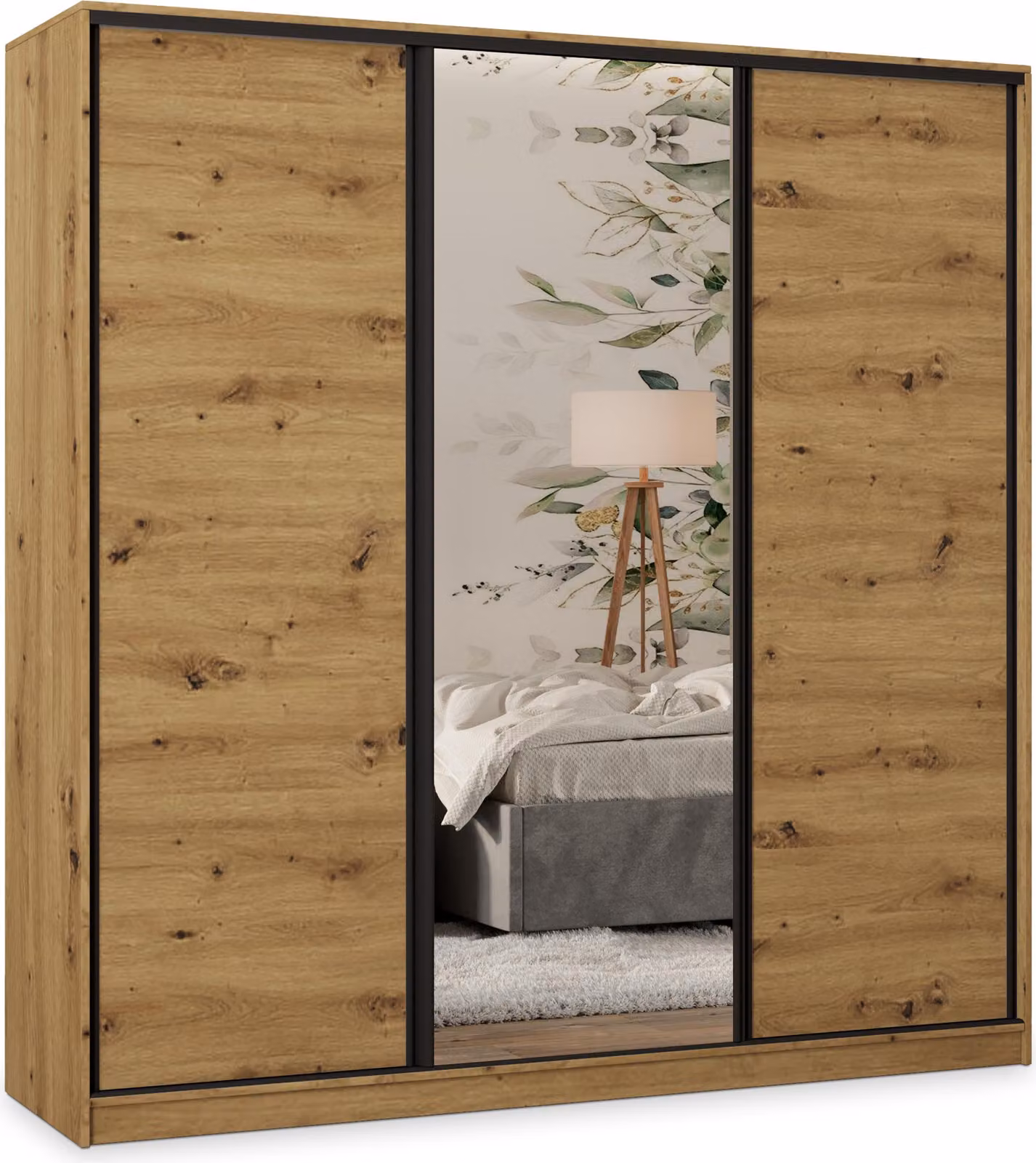 Armadio scorrevole Masseno TARI 180/205/58 cm Armadio con 4 cassetti Armadio per camera da letto a 3 ante con specchio Rovere Artisan