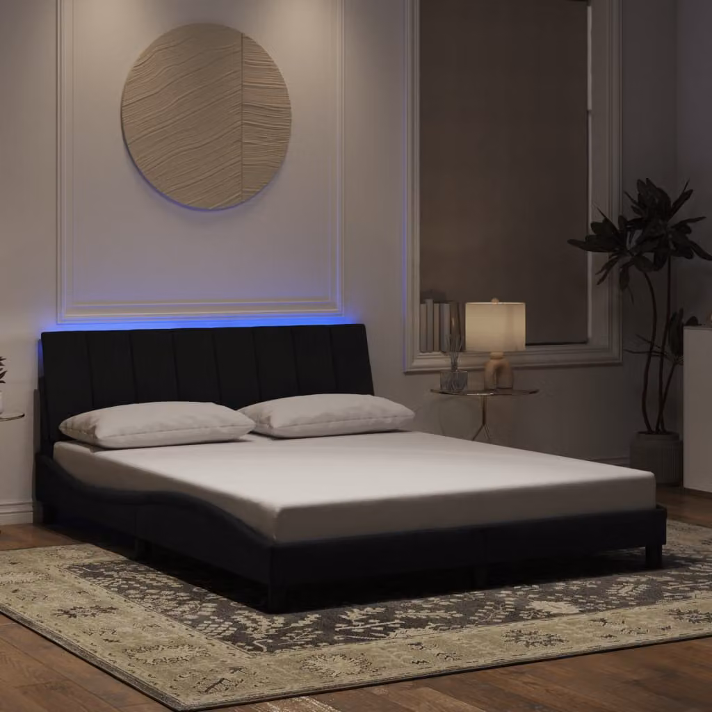 vidaXL Giroletto Hanko Nero in Velluto con Illuminazione LED e Porte USB, L/P: 160 x 200 cm – 1