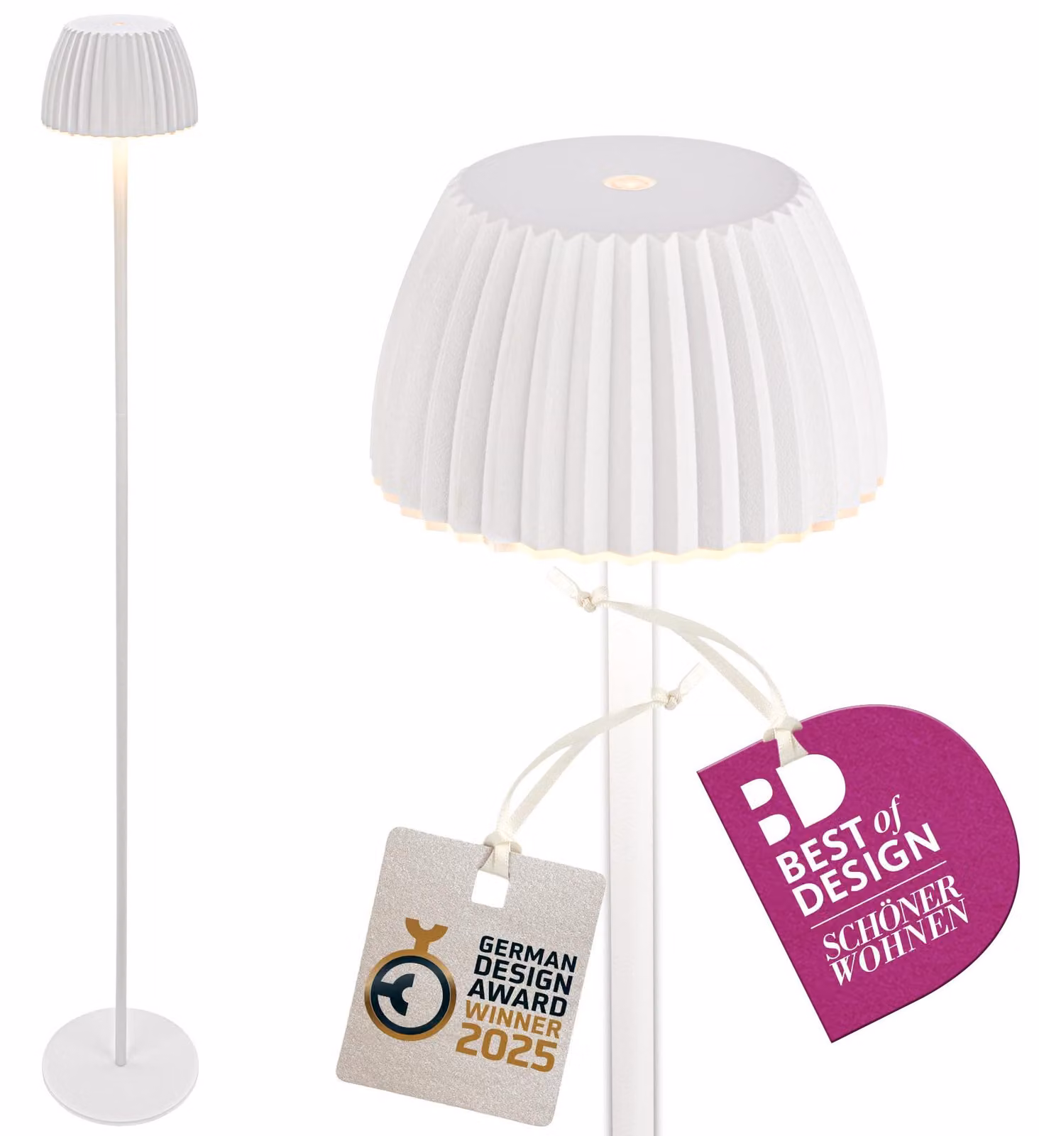 Briloner RIFFLE Lampada da terra senza fili IP44, dimmerabile, touch, batteria, vincitrice del German Design Award 2025, bianca, Ø19 x 124 cm