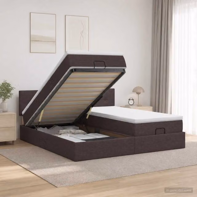 Letto matrimoniale con contenitore a sollevamento vidaXL in tessuto bianco e marrone L/P/H: 200 x 200 x 88 cm