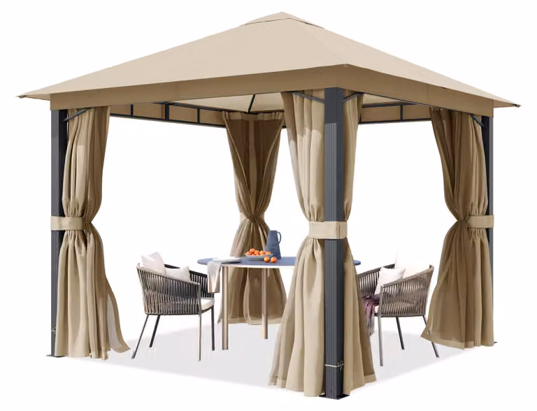 TOOLPORT Gazebo giardino 3x3 m, pali in alluminio, telo tetto ca. 220g/m² taupe - con pannelli laterali e zanzariere