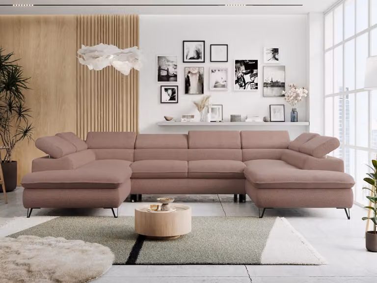 Divano ad angolo con funzione letto, contenitore, a forma di U, poggiatesta regolabili, divano da salotto - PETER U - Bouclé - Rosa