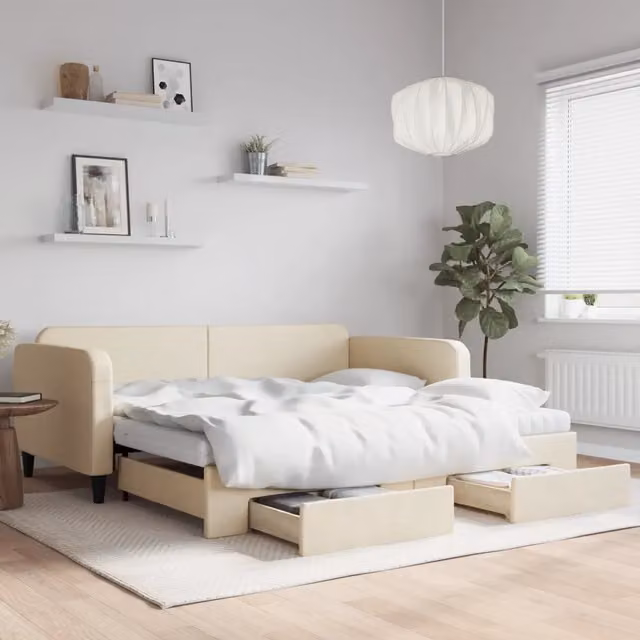 Divano Letto Estraibile con Cassetti vidaXL in Tessuto Beige L: 223 cm, P: 110 cm, H: 75 cm con Funzione Letto e Dimensioni Materasso 100 x 200 cm – 1