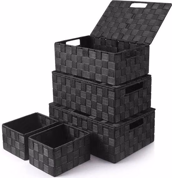 Set di 5 cesti portaoggetti con coperchio, in polipropilene, impilabili, design neutro, dimensioni S–XL (17×13,7×9,9–34×23,9×13,5 cm)