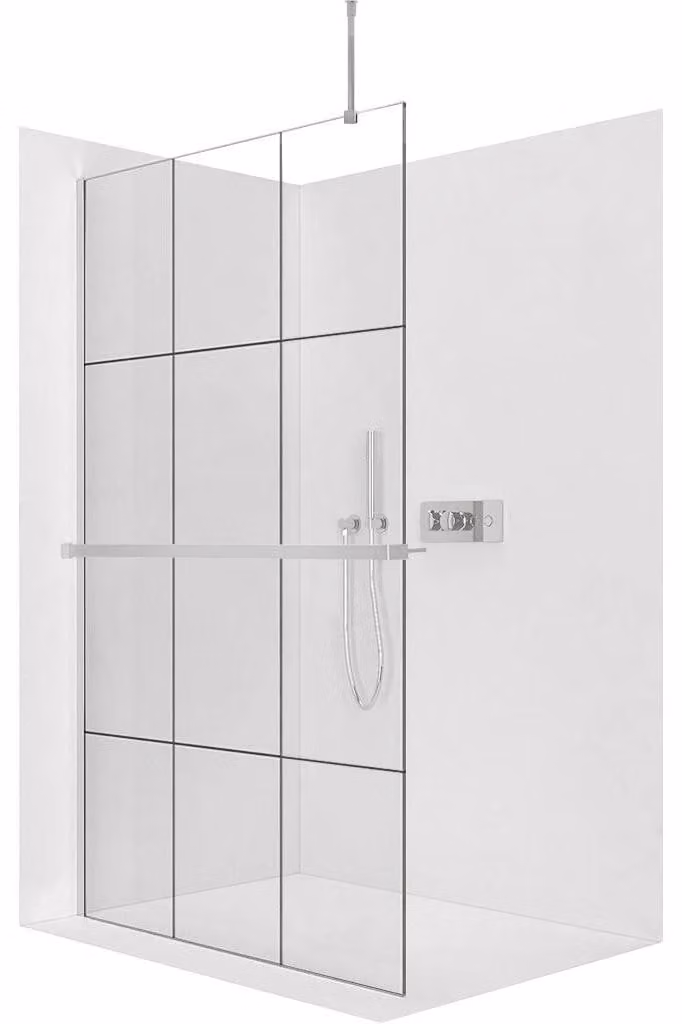 Pannello doccia angolare Walk-in Onyx Top Round L/P - 8 mm - colonna rotonda + ripiano/portasciugamani - cromato, vetro industriale - 150x200 cm