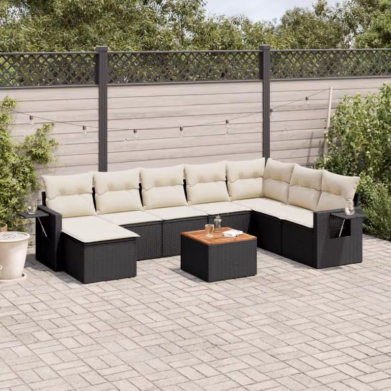 vidaXL Set Divani da Giardino 9 pz a Forma a L con Cuscini Nero in Polyrattan e Telaio in Metallo