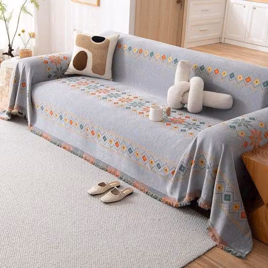Grande coperta reversibile per sedute, stile bohémien, 180 x 130 cm, color grigio chiaro