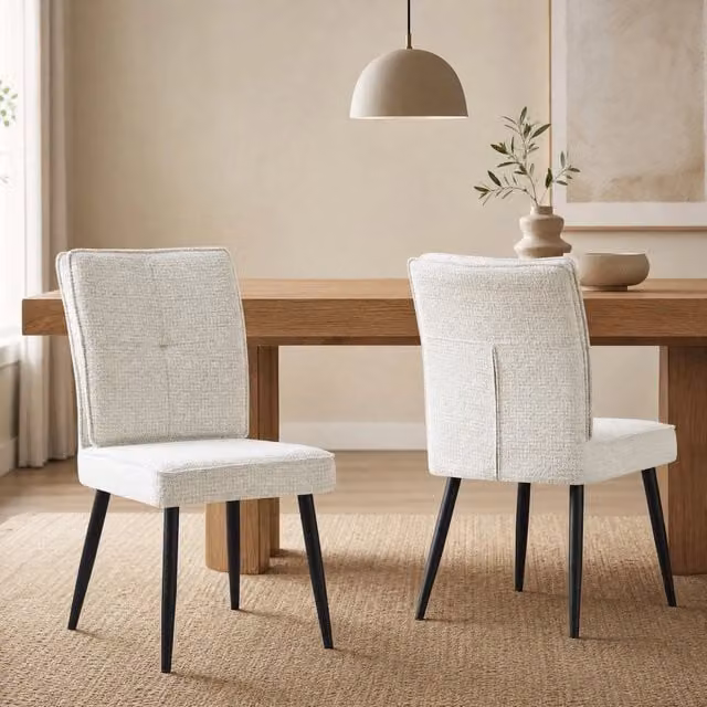 Set di 2 Sedie da Pranzo con Gambe in Metallo, Rivestimento in Tessuto Tweed Crema, Sedie per Cucina e Soggiorno