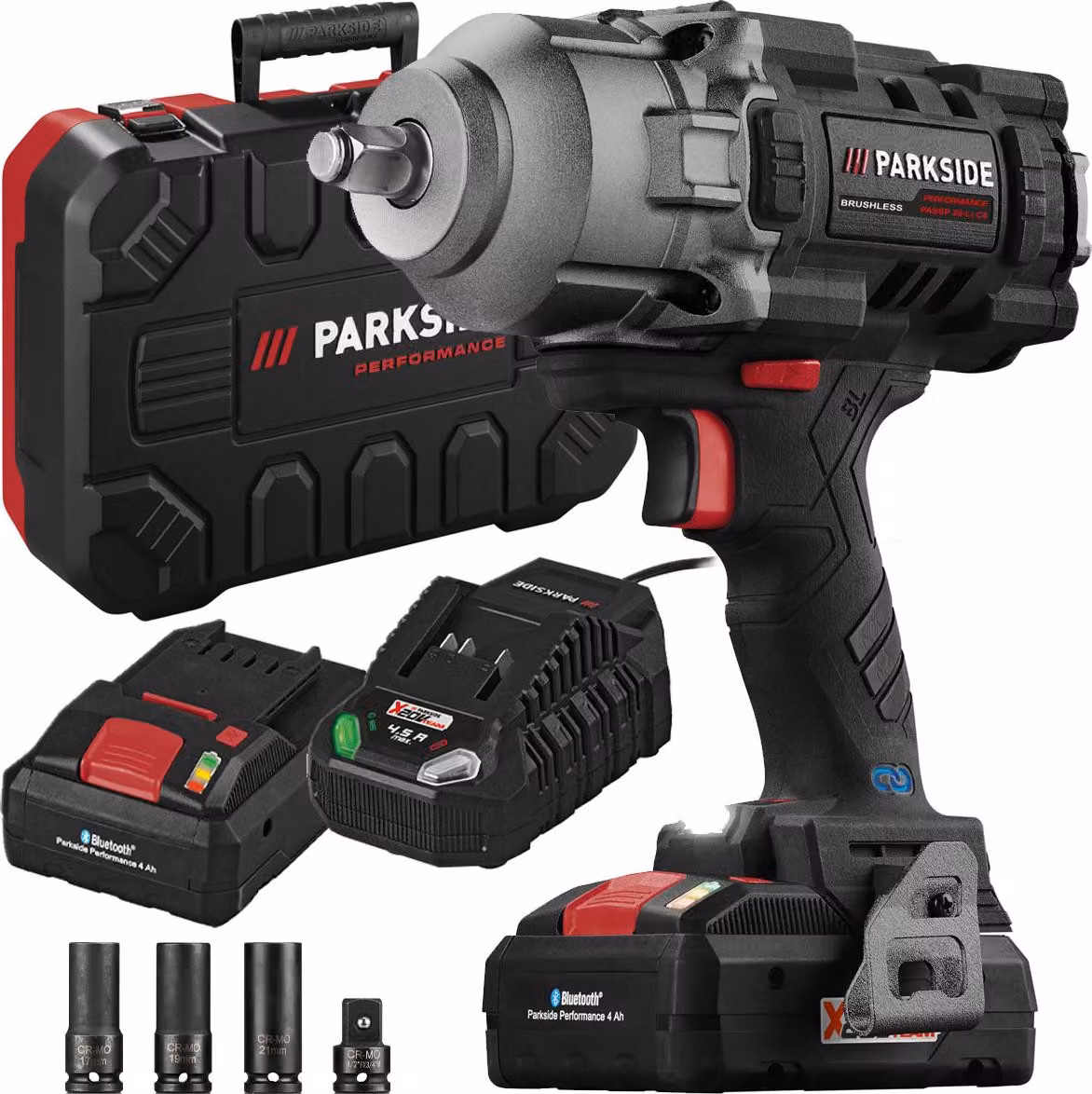 Avvitatore a percussione a batteria da 20 V, motore brushless, con LED, caricabatterie, marca Parkside