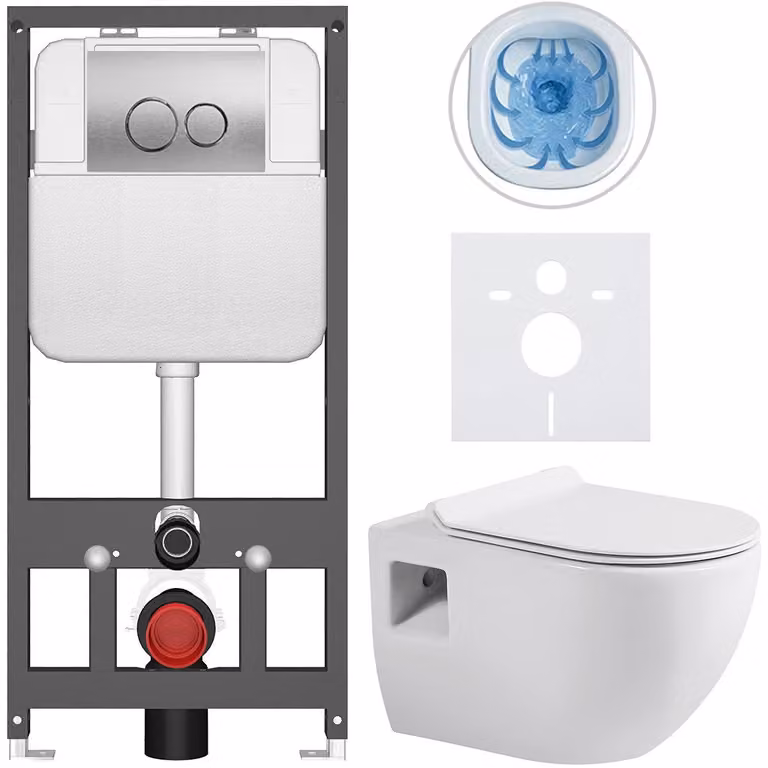 Set completo per WC sospeso Dure - bianco lucido - pulsante Prime/Duoalo, argento - da fissare a parete - installazione a parete/con pannelli in cartongesso - 51x35 cm