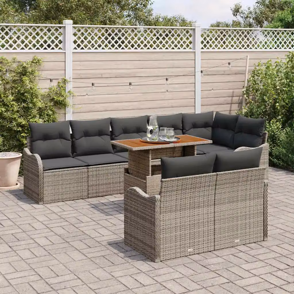 Set Divano da Giardino vidaXL 9 Pezzi a Forma di U Grigio con Tavolino e Cuscini in Rattan e Metallo