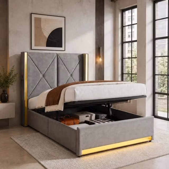 Letto contenitore ULEVR 90x200 cm in velluto grigio scuro con LED, USB/Type-C e tasche laterali
