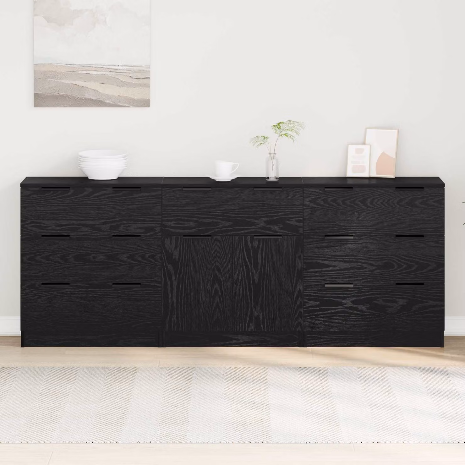 Credenza moderna vidaXL in 3 pezzi, colore nero opaco, in legno ingegnerizzato MDF, L: 181 cm, P: 30 cm, H: 70 cm