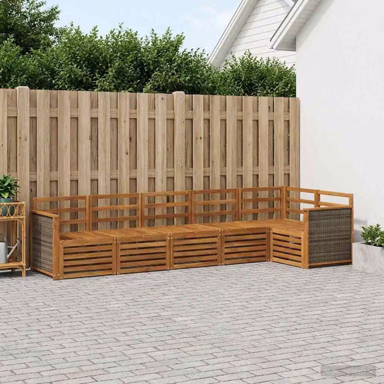 Set di divani da esterno vidaXL a forma di L in legno di acacia con cuscini inclusi, colore marrone e bianco