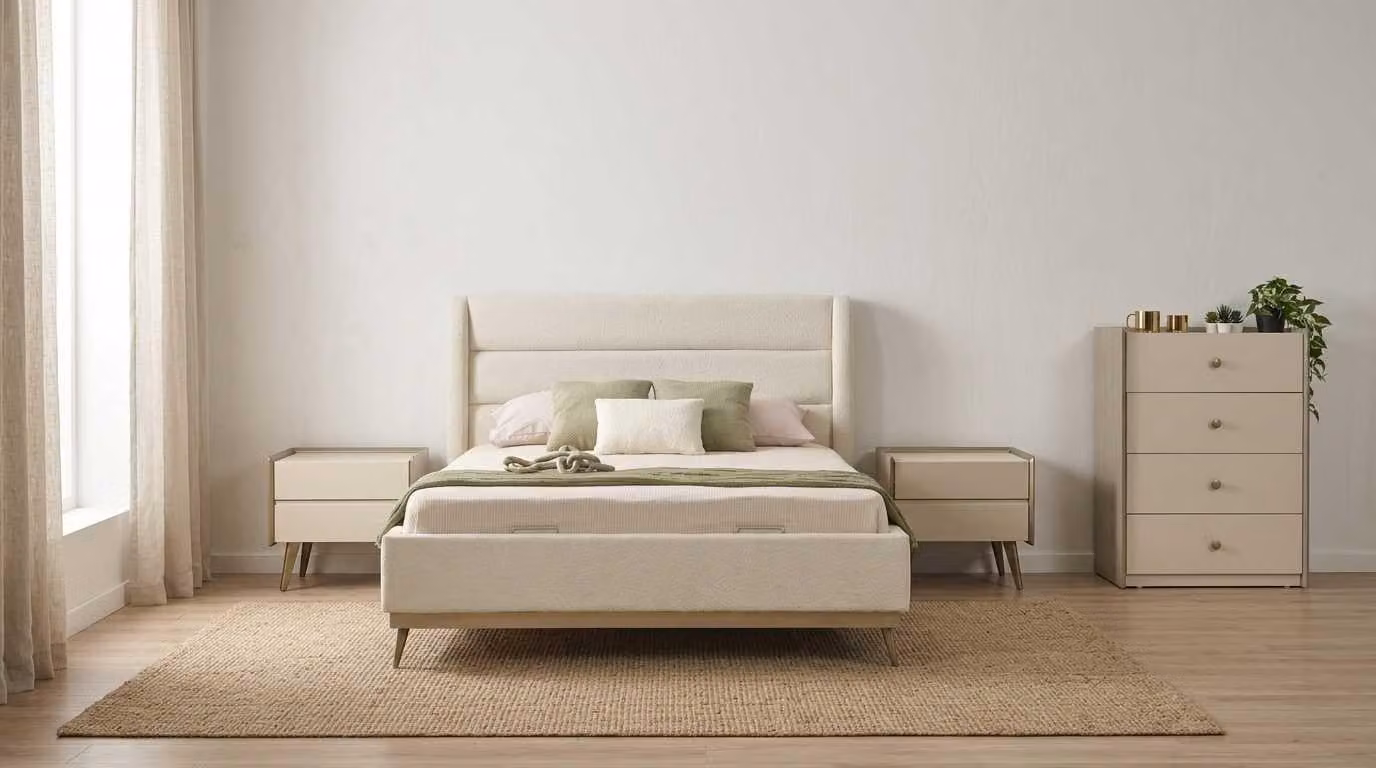 Set per camera da letto beige, moderno, con letto, comodini e cassetti